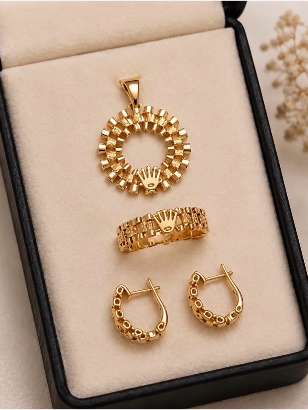 Anthropologie Gold-Tone Circular Pendant, Ring & Hoop Set